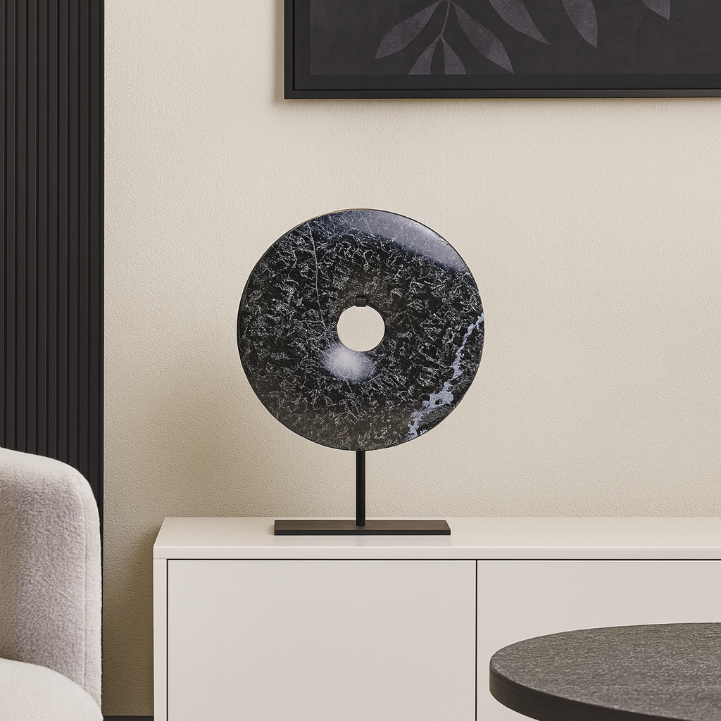 Modern black marble decorative disc ornament on stand for console or sideboard styling