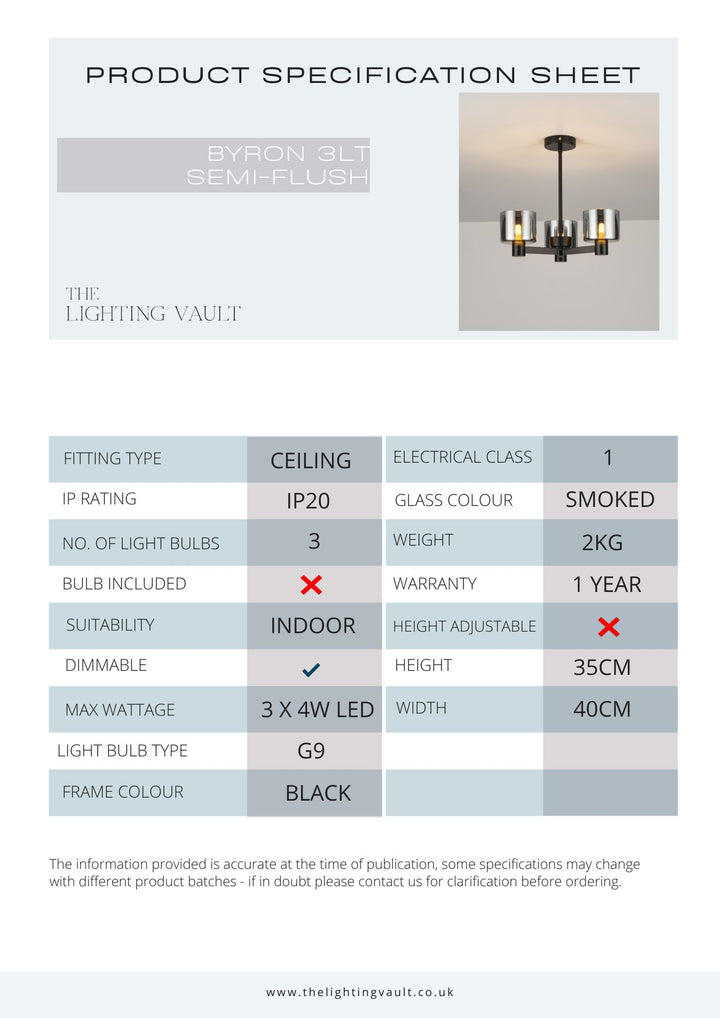 Byron Semi Flush – 3 Light Black/Smoked Glass