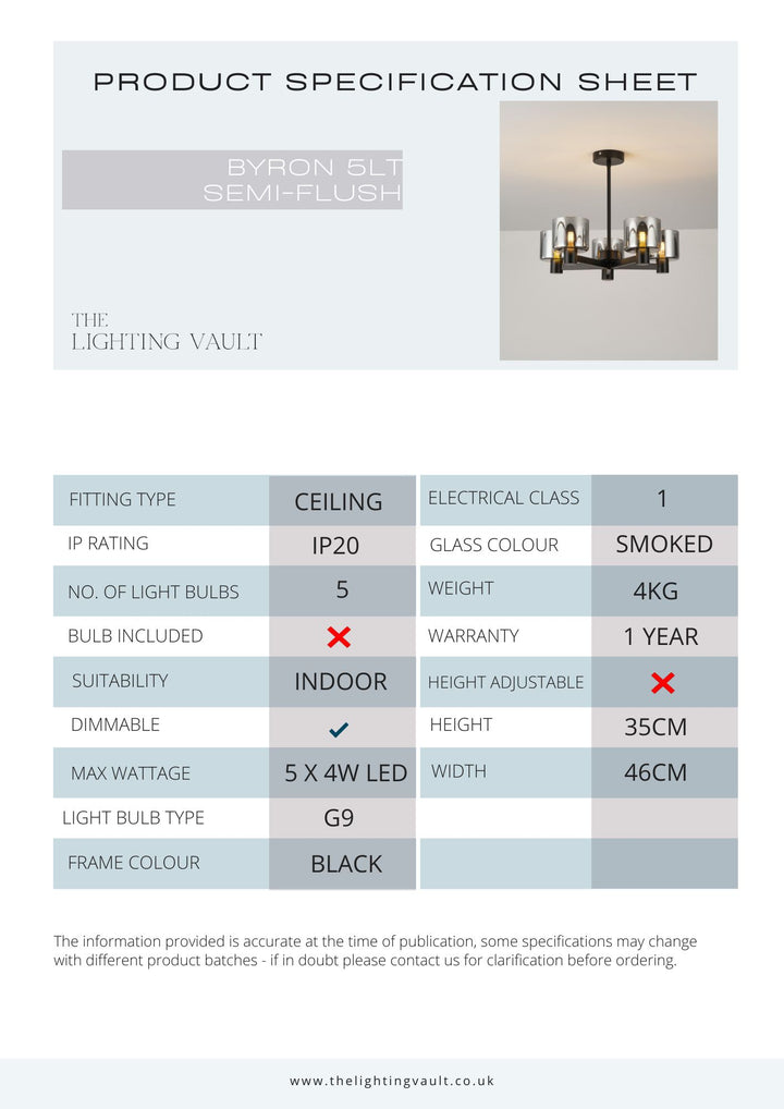 Byron 5-Light Semi Flush – Black/Smoked Glass