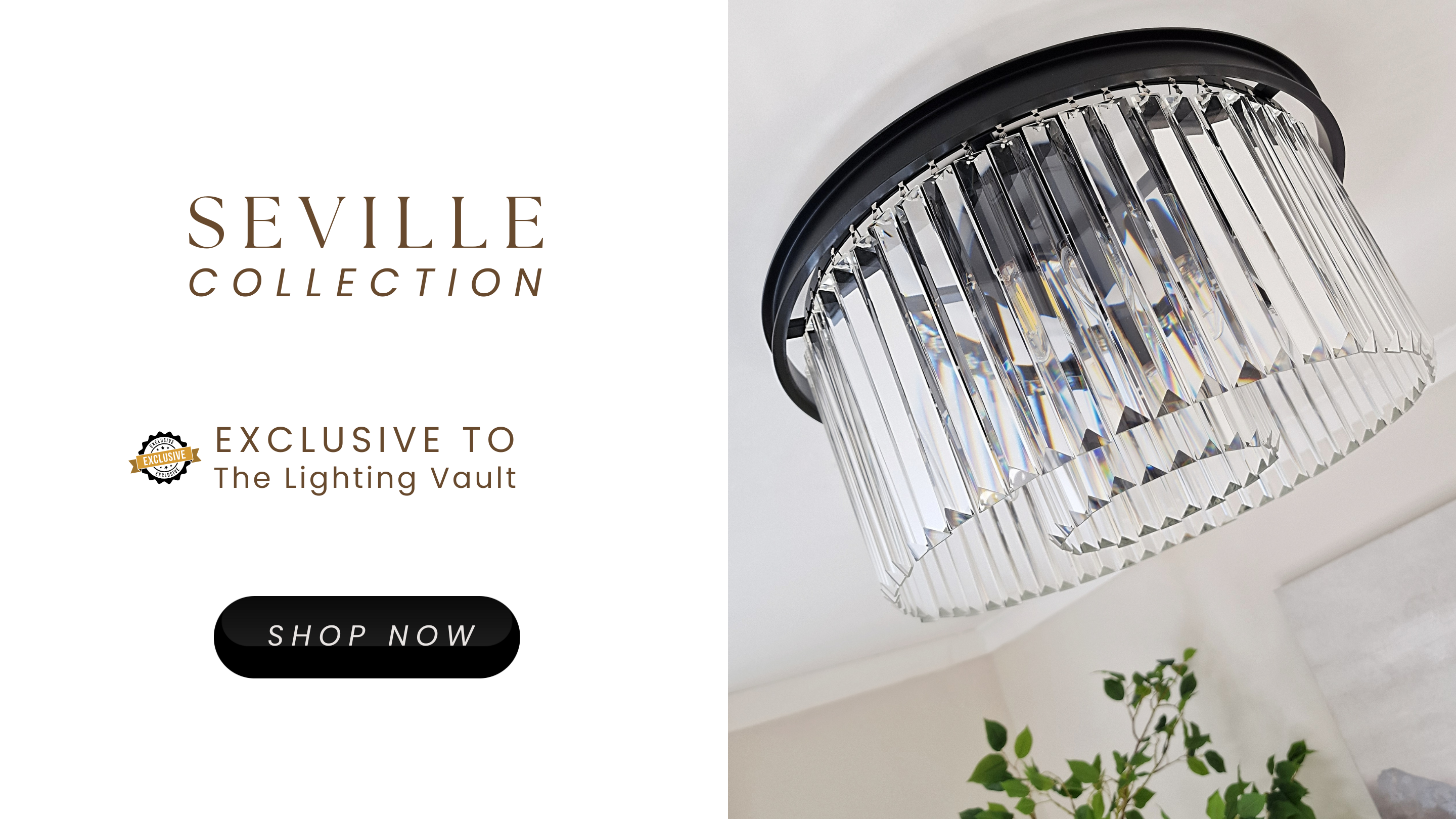 Seville Collection black and glass flush ceiling light exclusive to The Lighting Vault UK