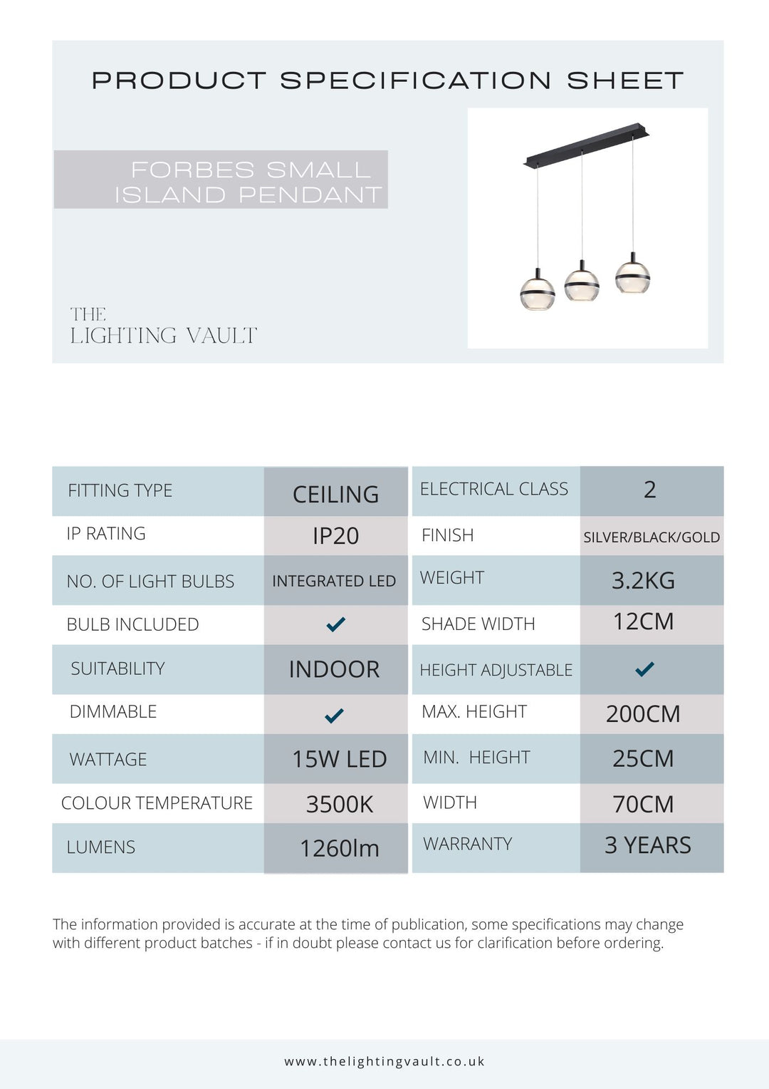 Forbes Small Kitchen Island Pendant Bar - 3 COLOURS