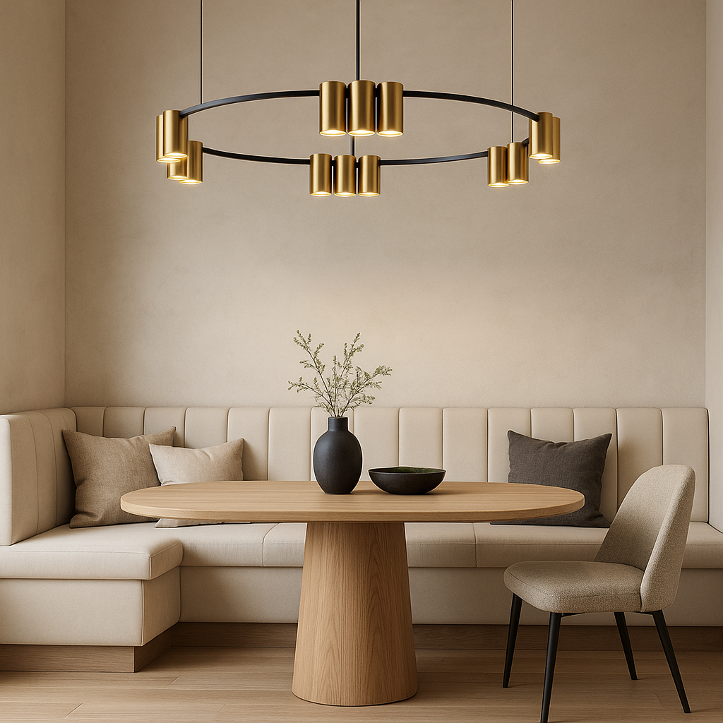 Luxury gold circular 12 light pendant attached to ceiling above a modern cream dining booth with artwork and wooden table styling