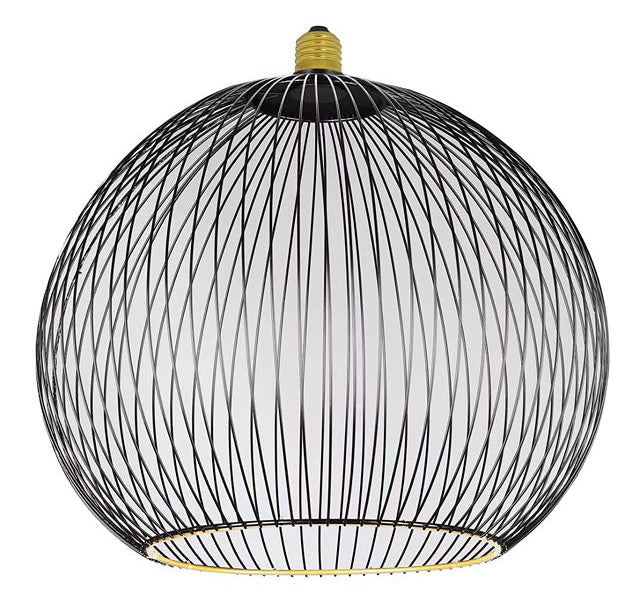 Decorative light bulb with black wire cage design on a white background