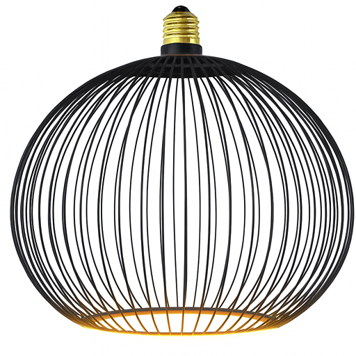 Black wire cage light bulb on a white background