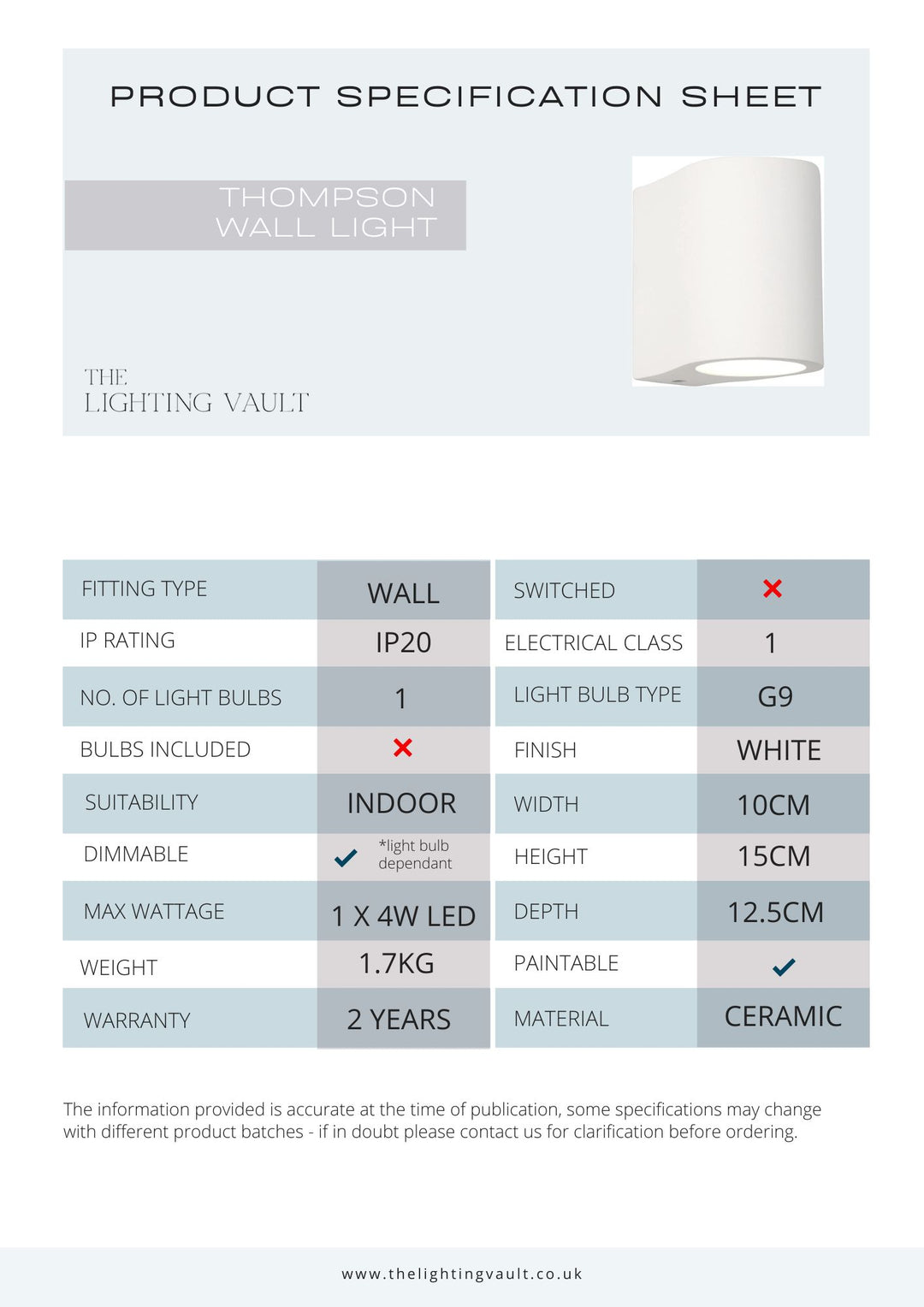 Thompson White Ceramic Paintable Wall Light