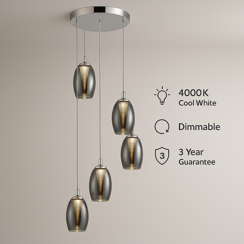 Adelaide smoked 5 light spiral pendant with cool white dimmable LED