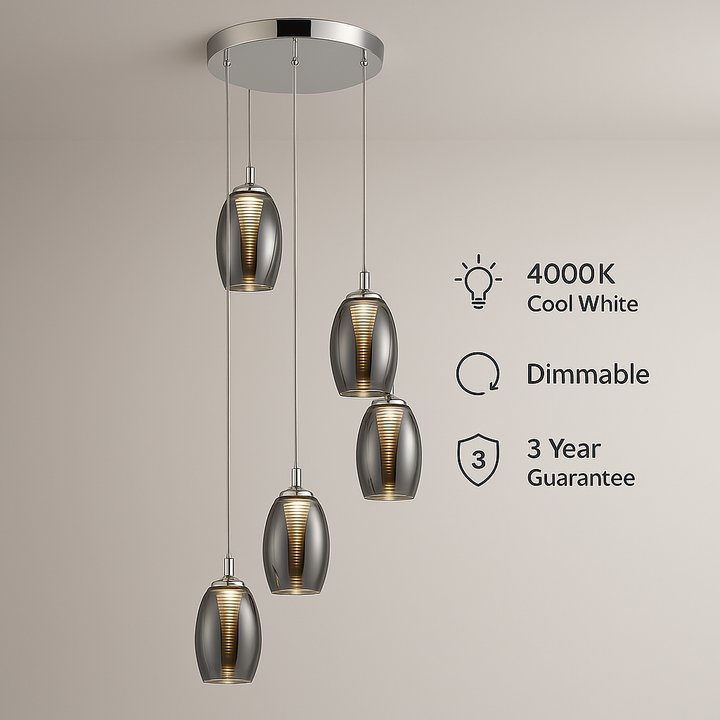 Adelaide smoked 5 light spiral pendant with cool white dimmable LED