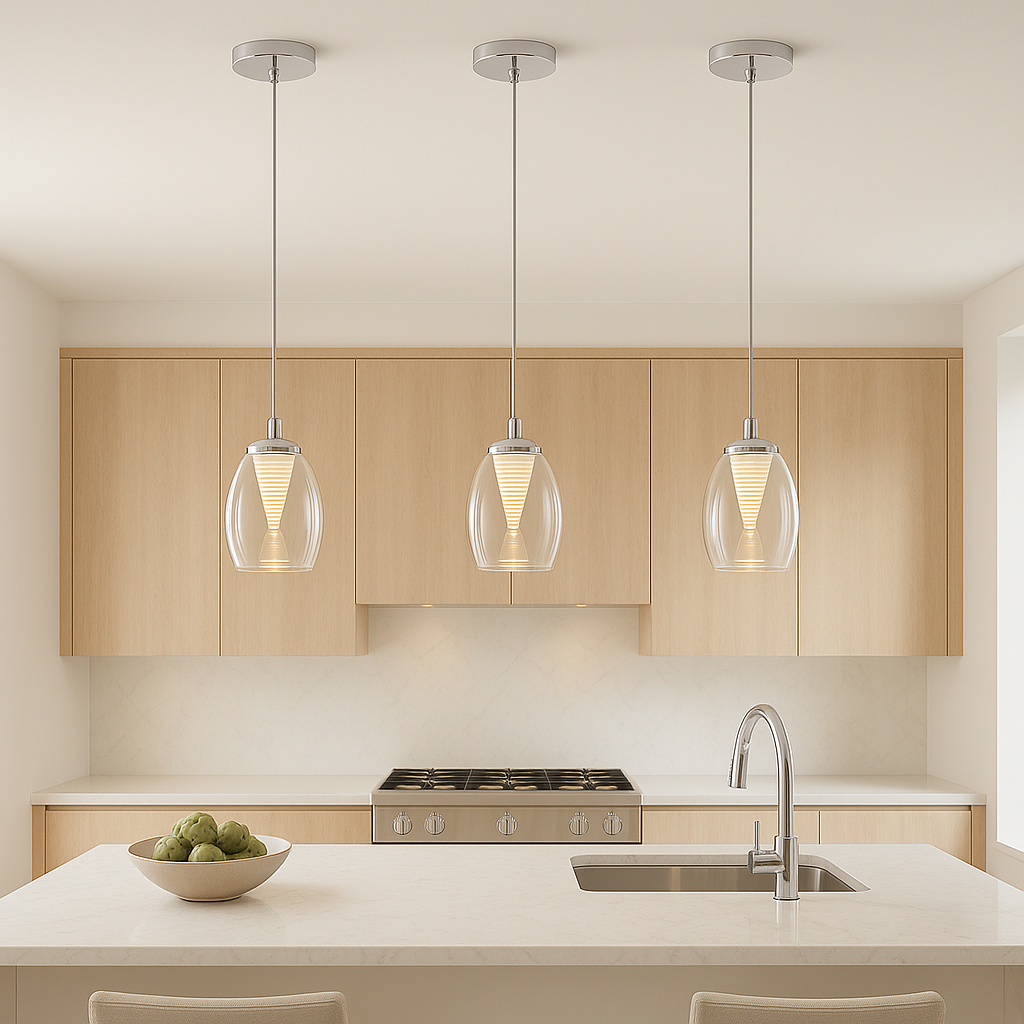 Three Adelaide clear glass pendant lights attached to the ceiling above a modern luxury kitchen island with light wood cabinets and marble worktop