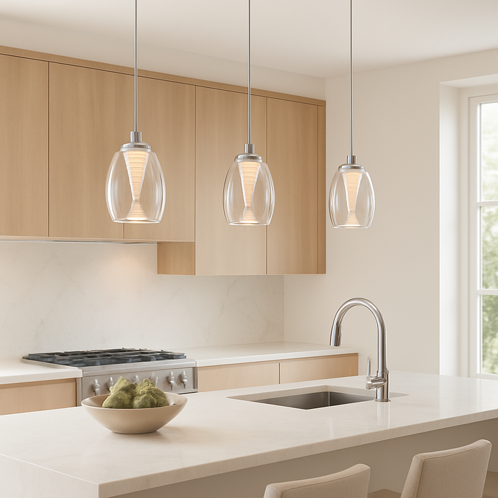 Three Adelaide clear glass pendant lights hanging above a luxury modern kitchen island with light wood cabinets and marble worktop