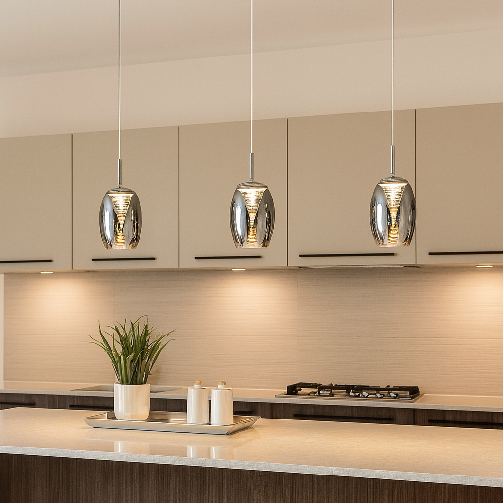 Set of three chrome glass single pendant lights styled above a luxury modern kitchen island with neutral cabinetry and stone countertop.