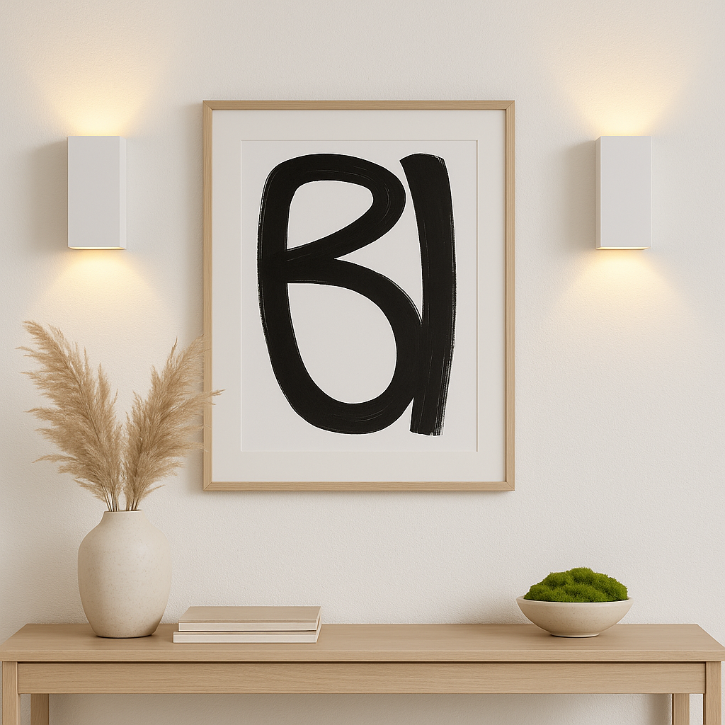 Pair of Adelong white rectangular wall lights framing black and white abstract artwork above a console table with pampas vase, books, and a green moss bowl.