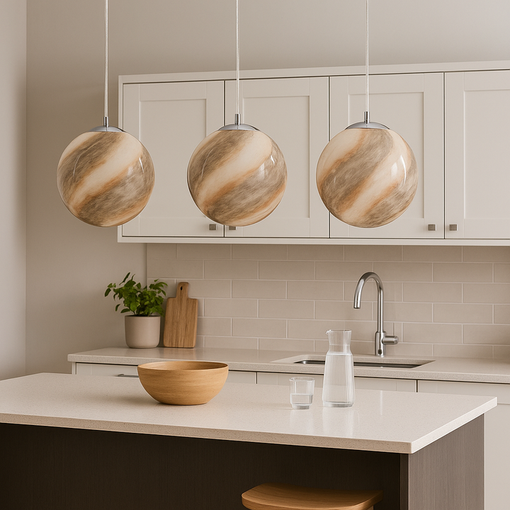 Three Albury large taupe pendant lights above kitchen island in Scandi kitchen