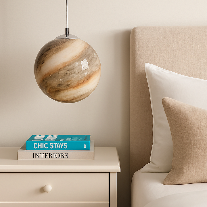 Albury small taupe pendant above cream drawers in Scandi bedroom