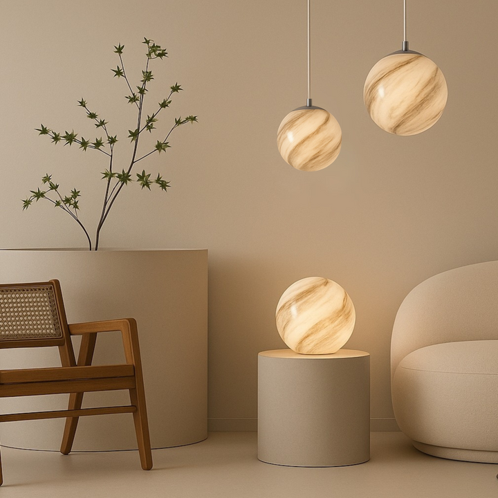 Jupiter planet inspired Albury Pendant Light – modern taupe ceiling light in 2 sizes