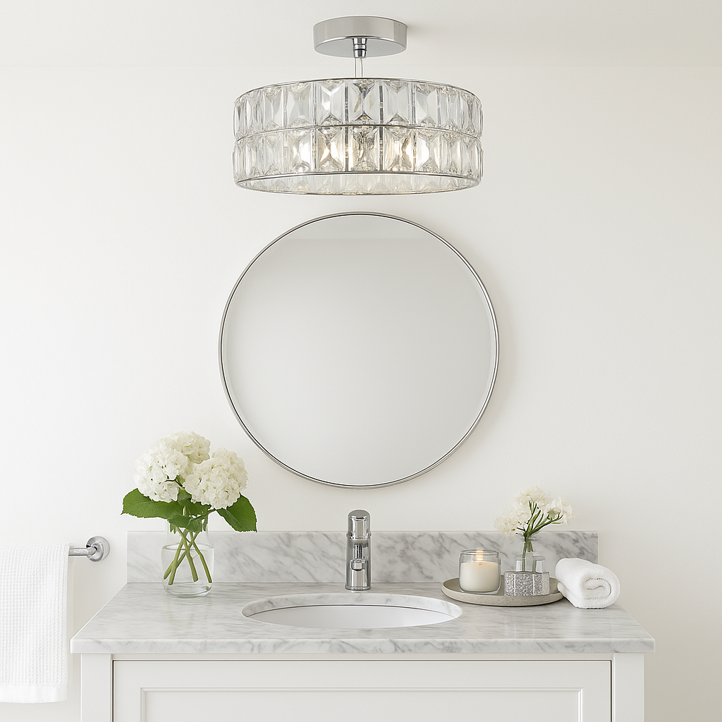 Alvito chrome crystal semi-flush bathroom ceiling light, 30cm wide with 20cm drop, styled in a light and airy marble vanity bathroom.