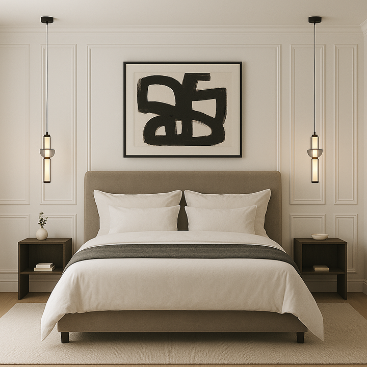 Antwerp pendant lights beside bed with black framed artwork on white panelled wall