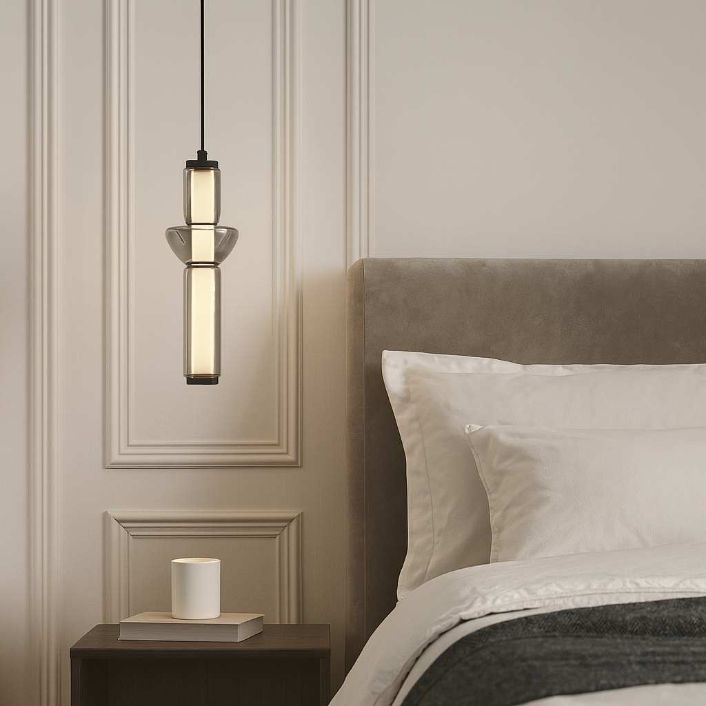 Antwerp pendant light beside luxury bed with white panelled walls
