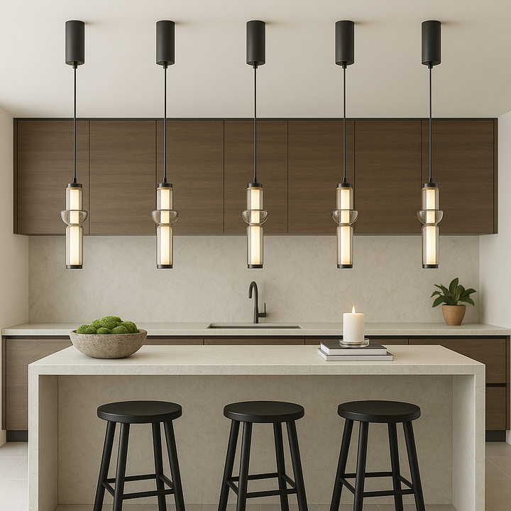 Antwerp pendant lights over marble island in modern Nordic kitchen