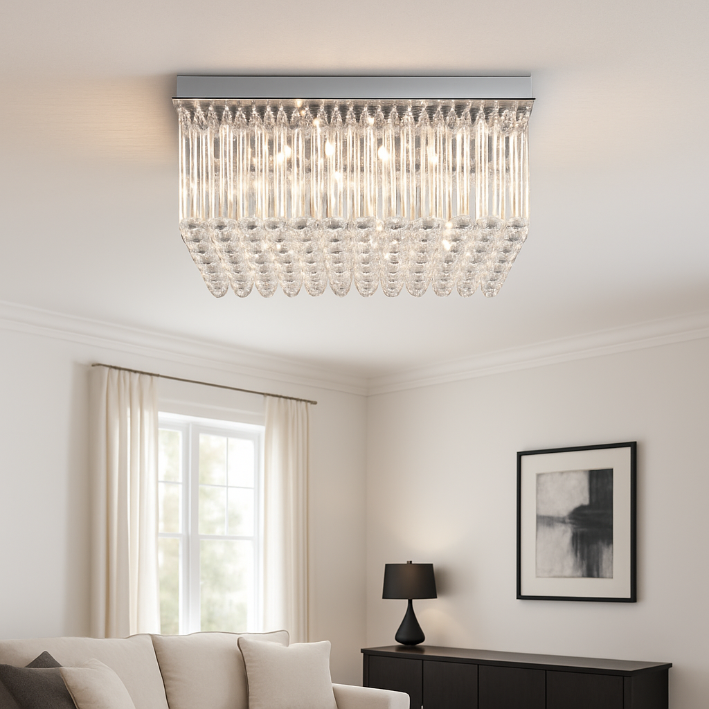 Ballina square crystal flush ceiling light illuminated at 4000K