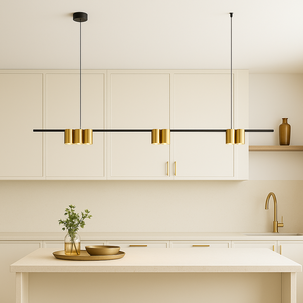 Luxury cream and gold kitchen with a modern black and gold bar pendant light hanging above a cream stone island.