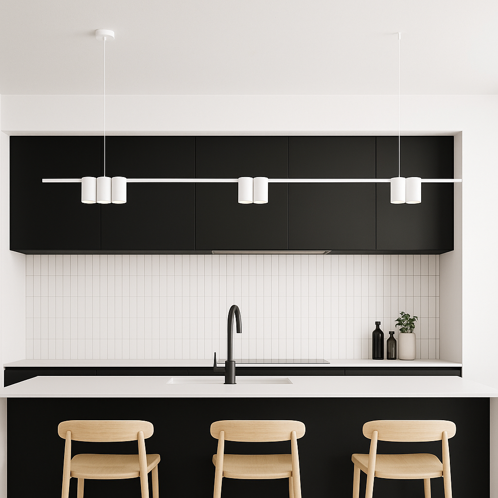 Modern Nordic kitchen with black cabinetry and a white bar pendant light hanging above a white island, complemented by natural wood chairs and minimalist styling.