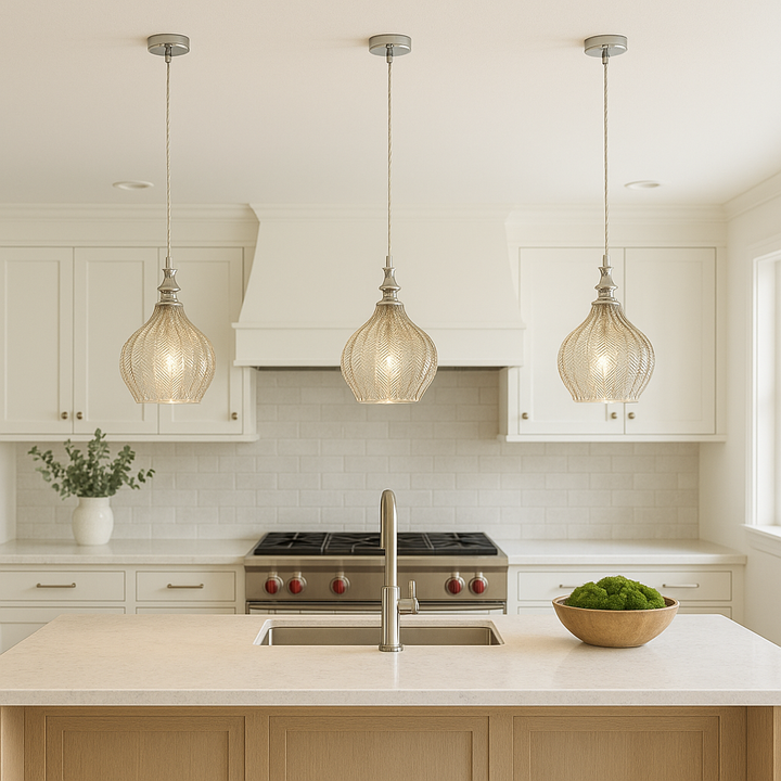 Bedford cognac pendant lights with chrome ceiling plates above kitchen island with green moss bowl.
