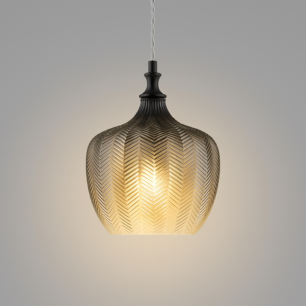 Bedford smoked glass pendant with ribbed chevron design and clear-to-smoked gradient lit