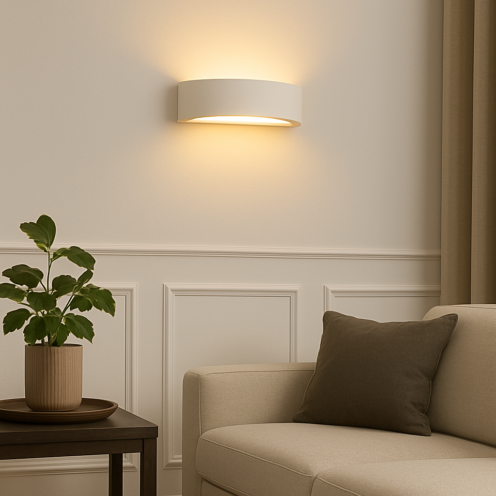 Bega wall light mounted at natural height on a panelled white wall in a luxury living room above a beige sofa with a taupe cushion and side table with a potted plant.
