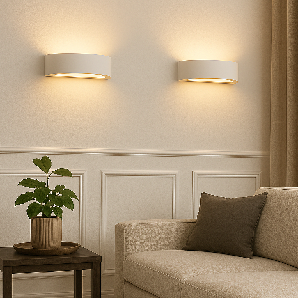 Pair of Bega wall lights mounted at natural height on a panelled white wall in a luxury living room above a beige sofa with taupe cushion and side table with a potted plant.