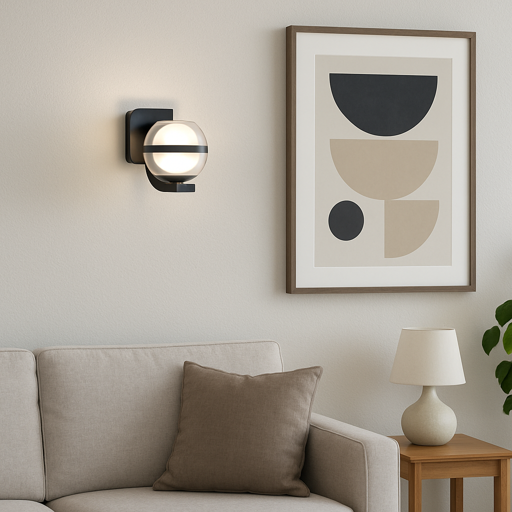 Modern black and glass wall light styled in a neutral living room with natural lighting and minimalist décor
