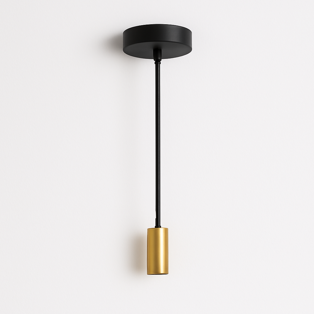 Square image of a pendant light with black ceiling plate, black cord, and gold tip fitting on white background.