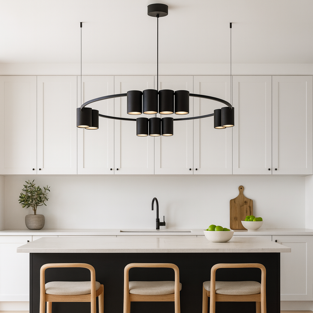 Luxury black ring pendant light 60cm wide hung above a modern Nordic kitchen island with white cabinets and black accents.