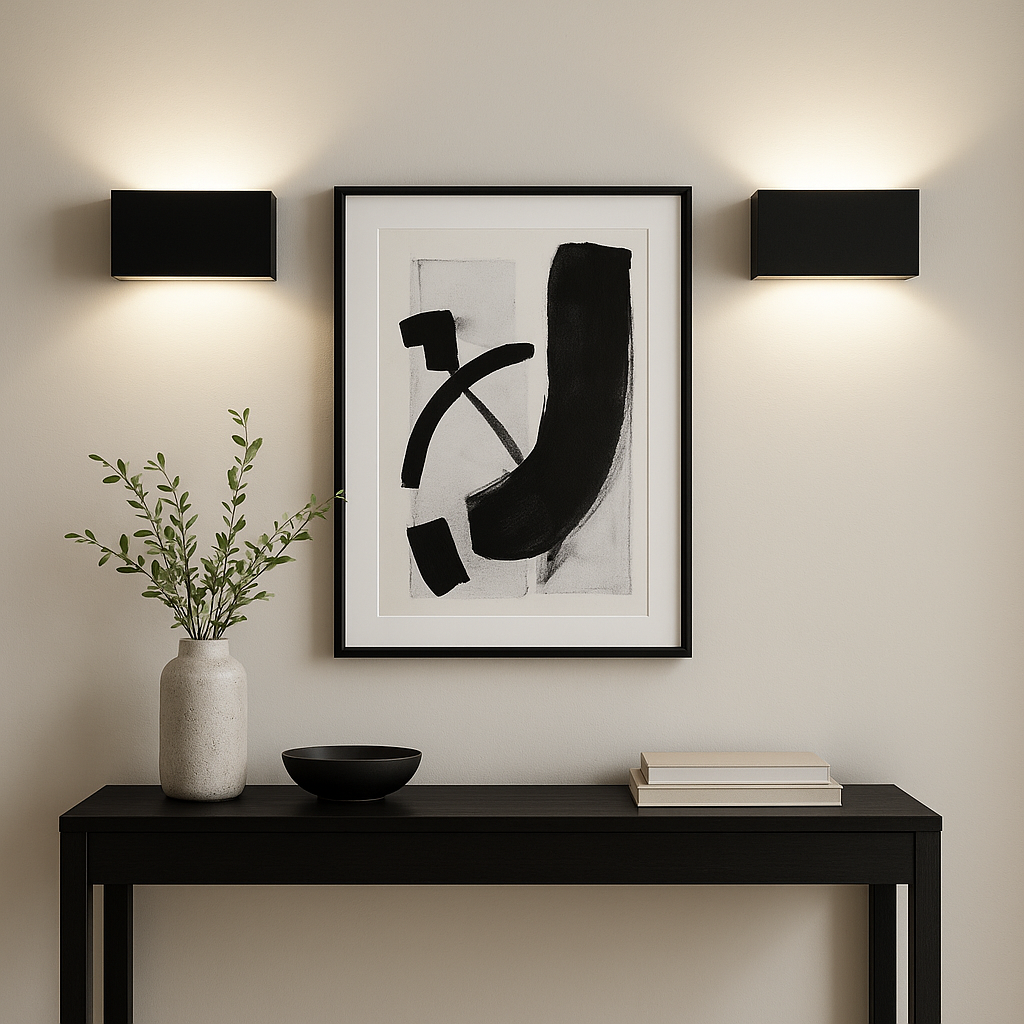 Pair of black rectangular wall lights on a hallway wall with monochrome artwork and black console table.