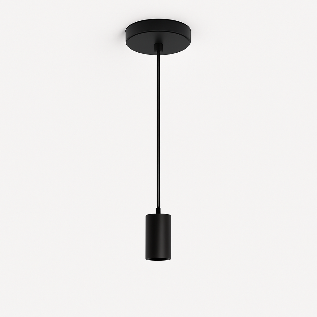 Roma black suspension pendant with ceiling plate, cord, and cylindrical holder