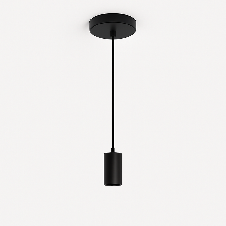 Roma black suspension pendant with ceiling plate, cord, and cylindrical holder