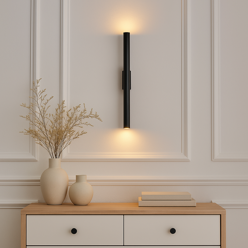 Black wall light, 50cm tall, with warm glow from each end, mounted on white panelled wall above light wood console with ceramic vases and books.