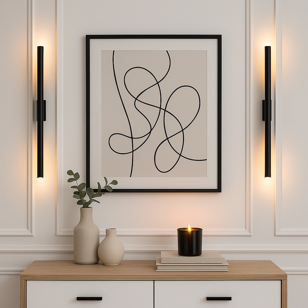 Pair of black wall lights with warm glow, mounted either side of abstract line art above a light wood console styled with ceramic vases, books, and a lit black glass candle jar.