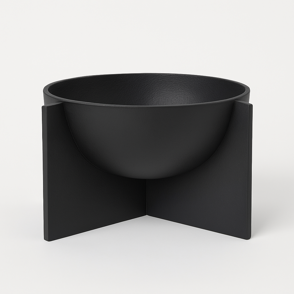 Black ribbed aluminium decorative bowl 25cm wide on white background.