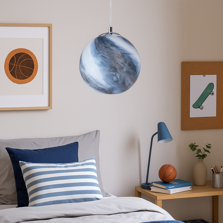 Blue marble effect glass pendant light, 20cm wide, styled centrally in a teenager’s bedroom with modern décor and navy accents