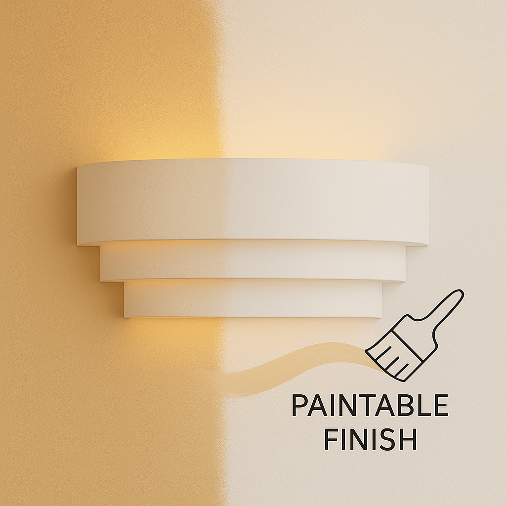 Borden paintable ceramic wall light showing split finish with one side painted beige and the other in a white finish, highlighting its customizable paintable surface.