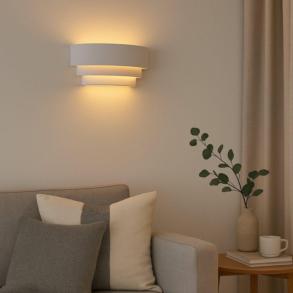 Borden white wall light in a modern living room at early evening, 31cm wide, casting a warm inviting glow above a sofa with cushions and side table styling.