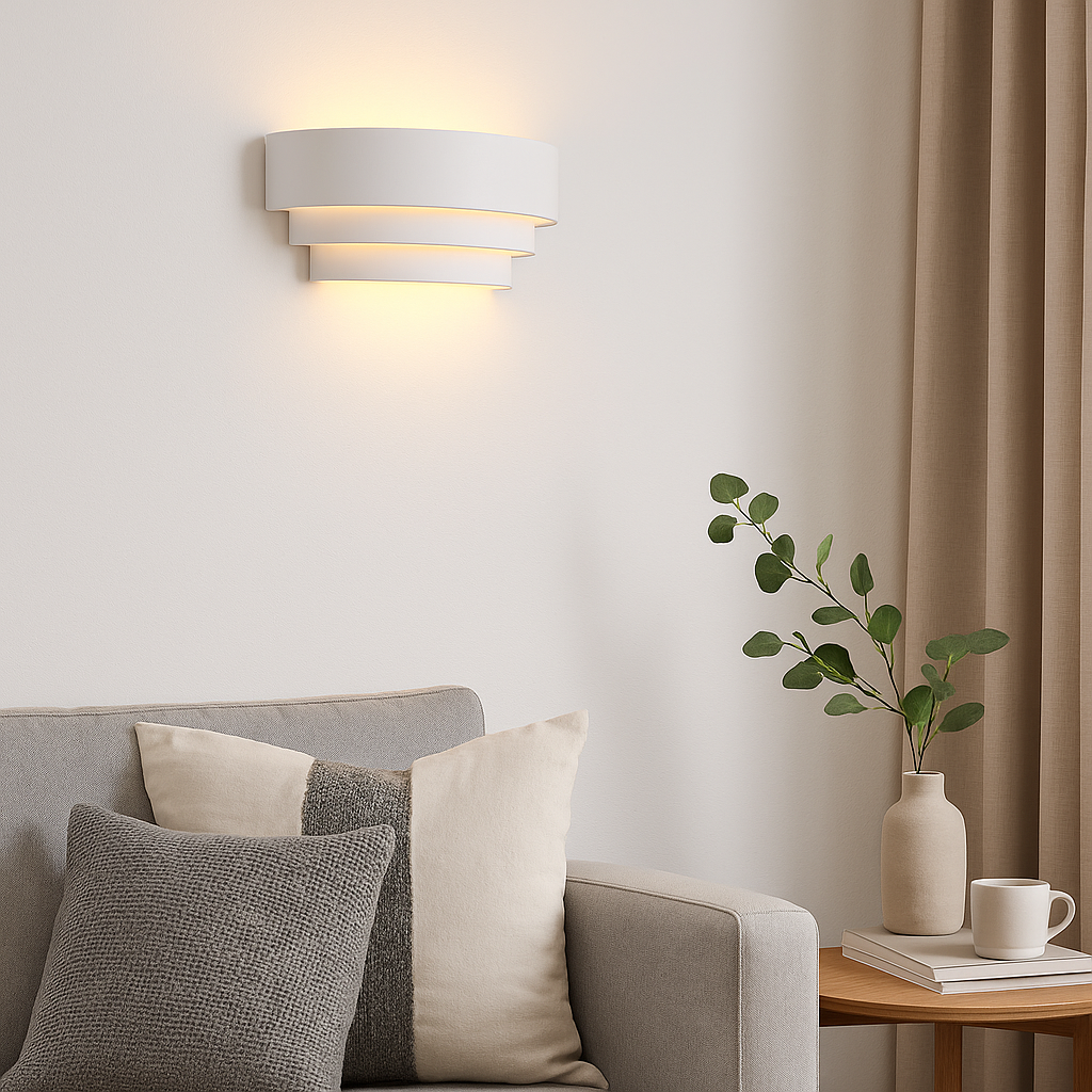 Borden white wall light in a modern living room, 31cm wide, casting warm glow above a sofa with cushions and side table styling