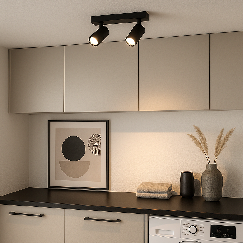 Black 2-light ceiling spotlight bar in modern utility room.