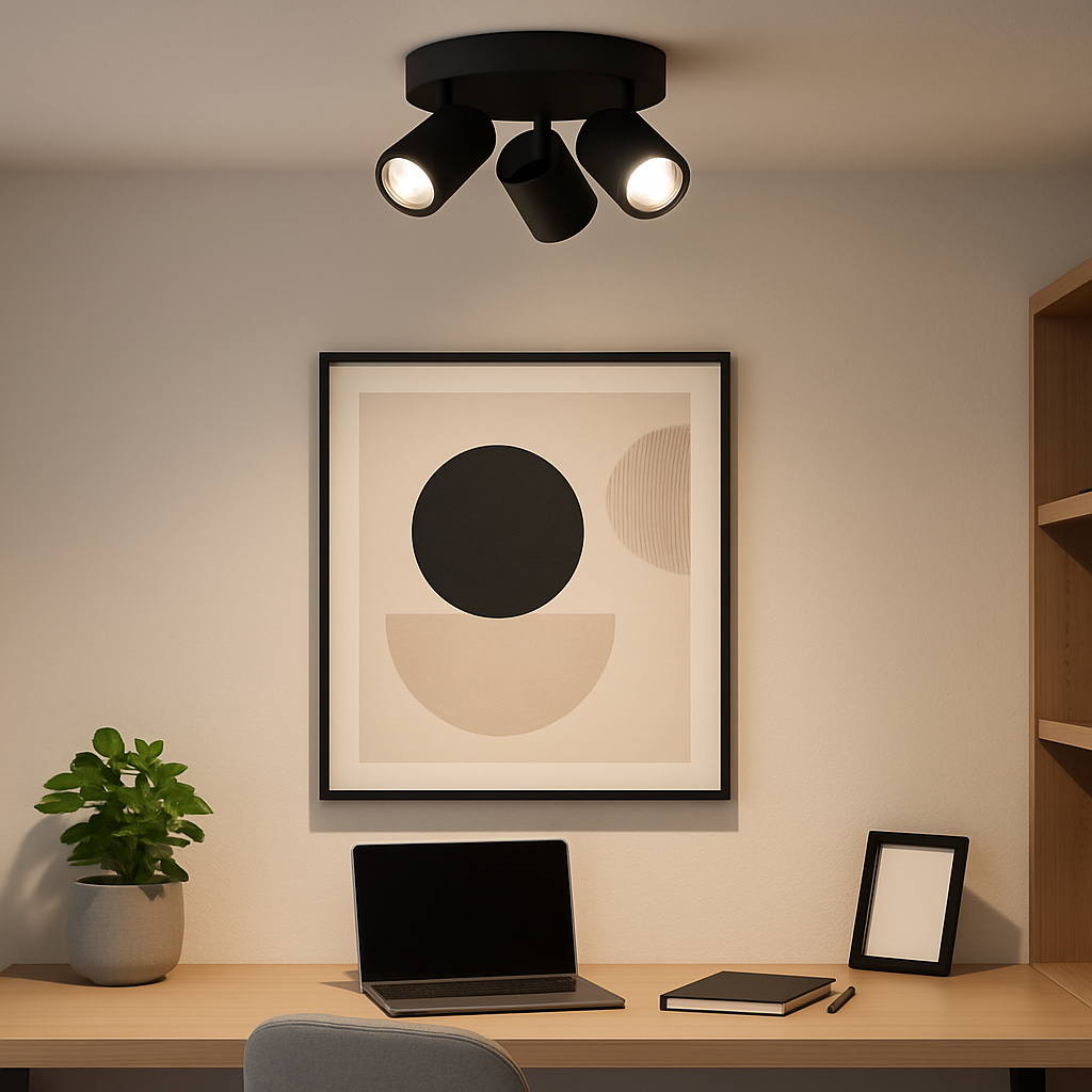 Black 3-light round spotlight ceiling fitting in a modern square home office scene