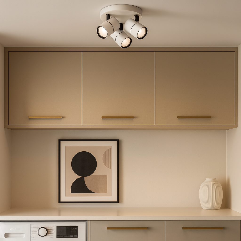 White 3-light round spotlight ceiling fitting in a modern luxury utility room with cabinetry, white countertop, and geometric artwork.
