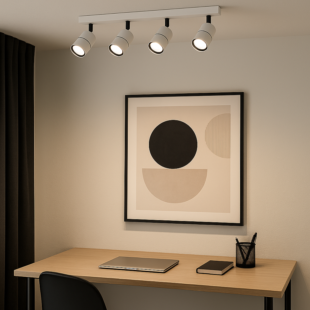White 4-light spotlight bar with black stems mounted on ceiling in a modern home office setting