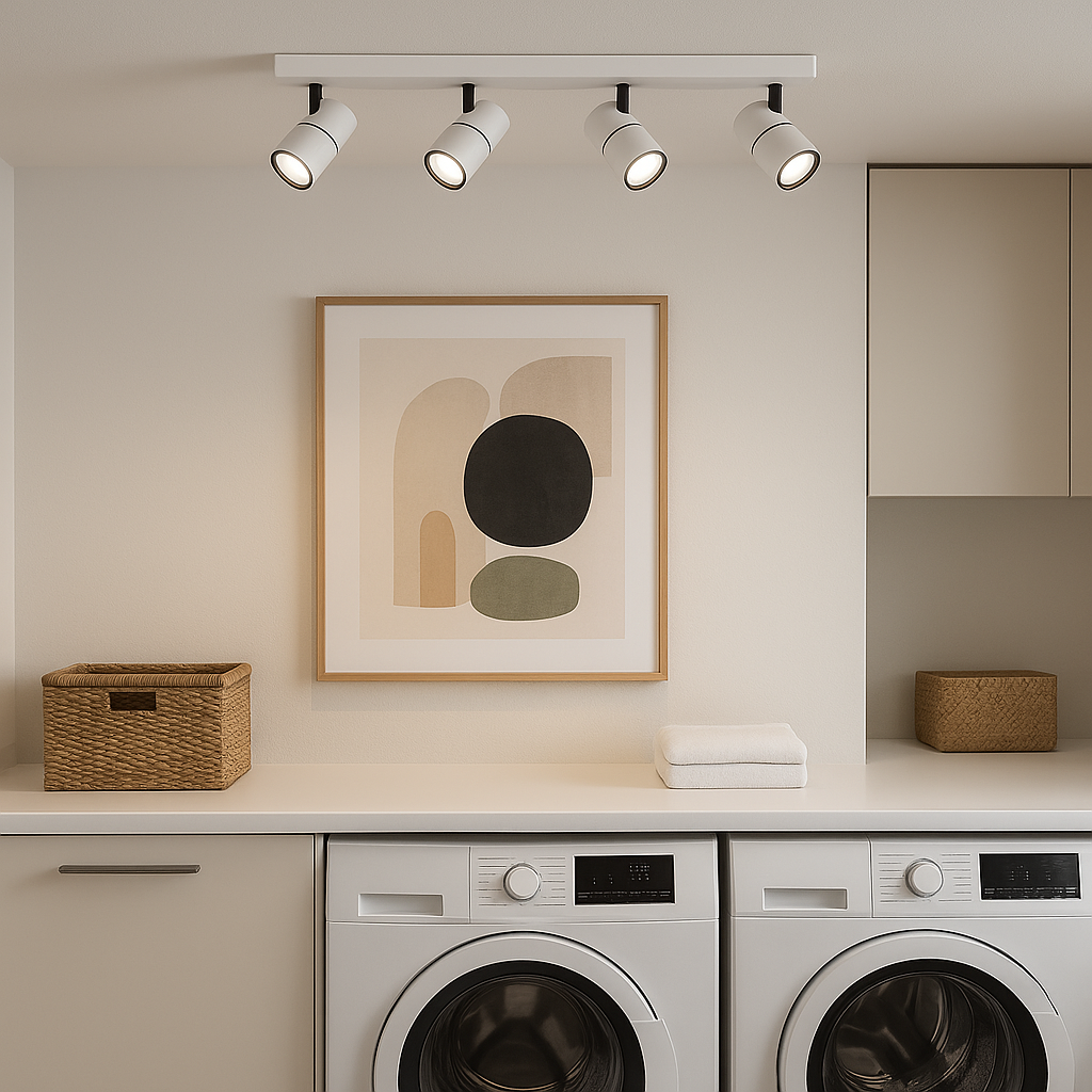 White 4-light ceiling spotlight bar with black stems in a luxury utility room with white countertop and washer dryer.