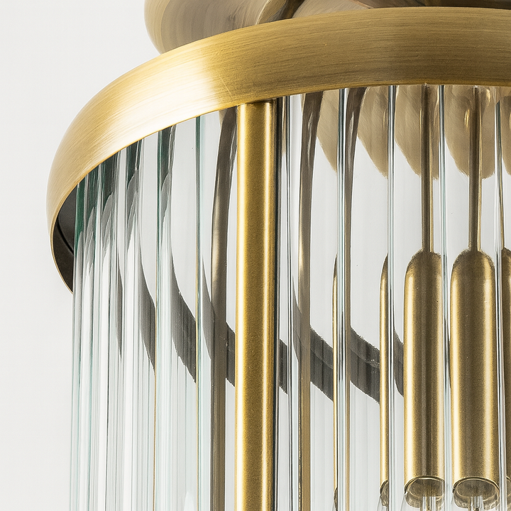 brass ribbed glass ceiling light close-up