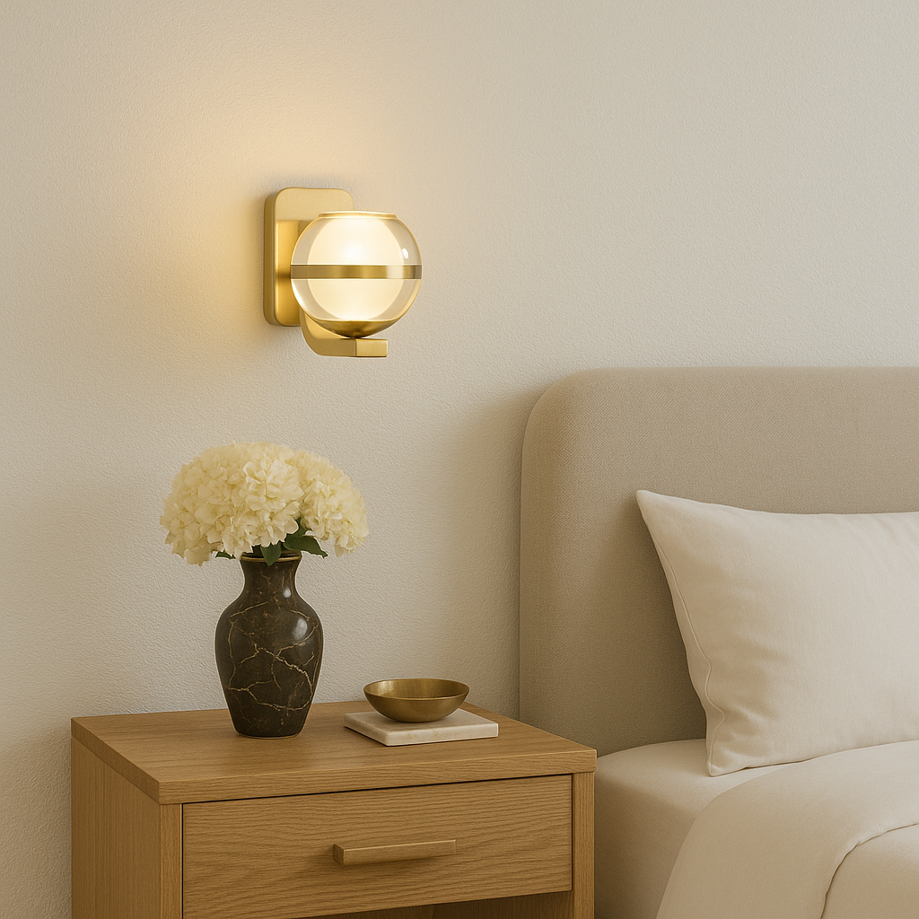 Luxury brass wall light above a bedside table styled with a dark marble vase of hydrangeas and brass dish in a modern neutral bedroom