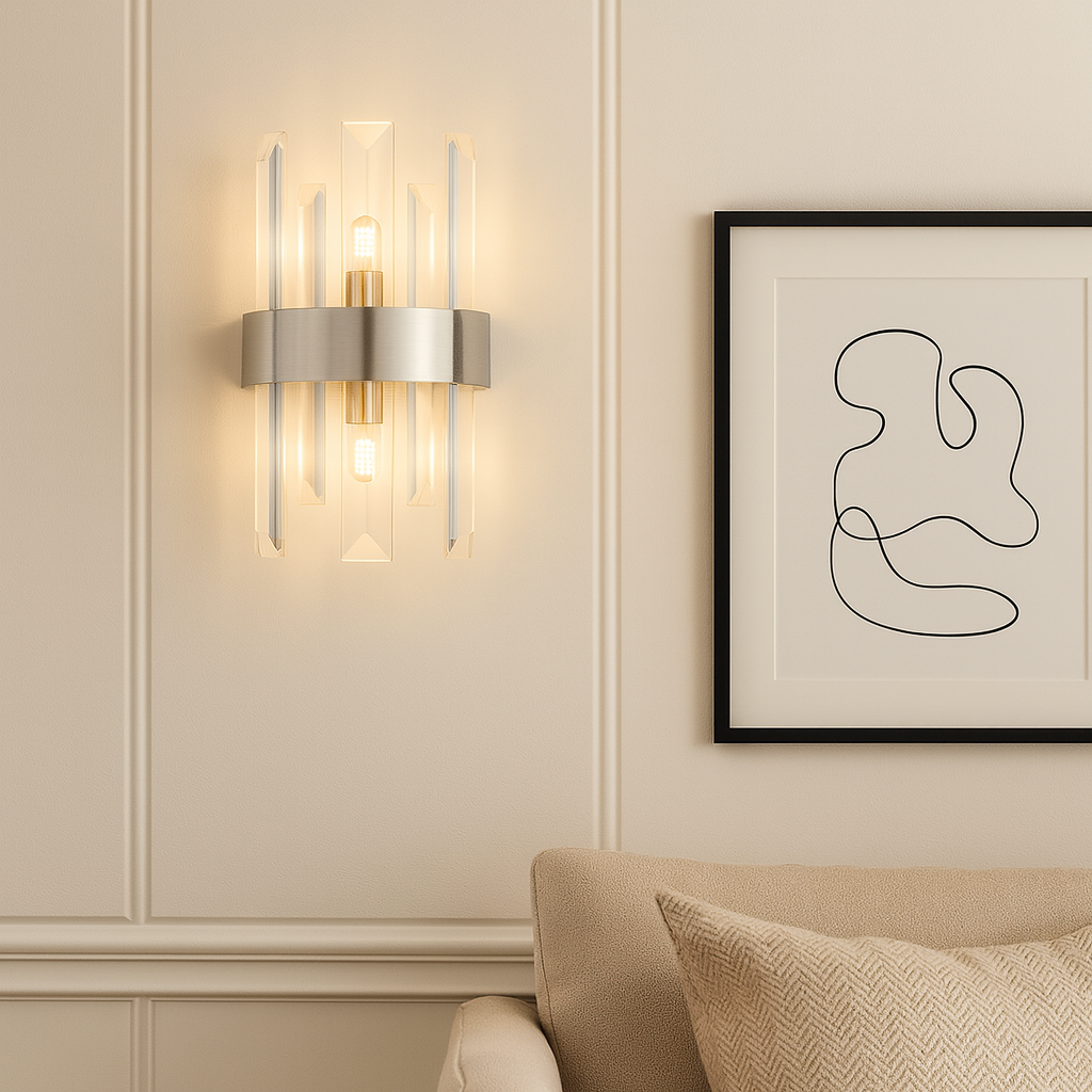 Brentwood silver crystal wall light in Scandi living room